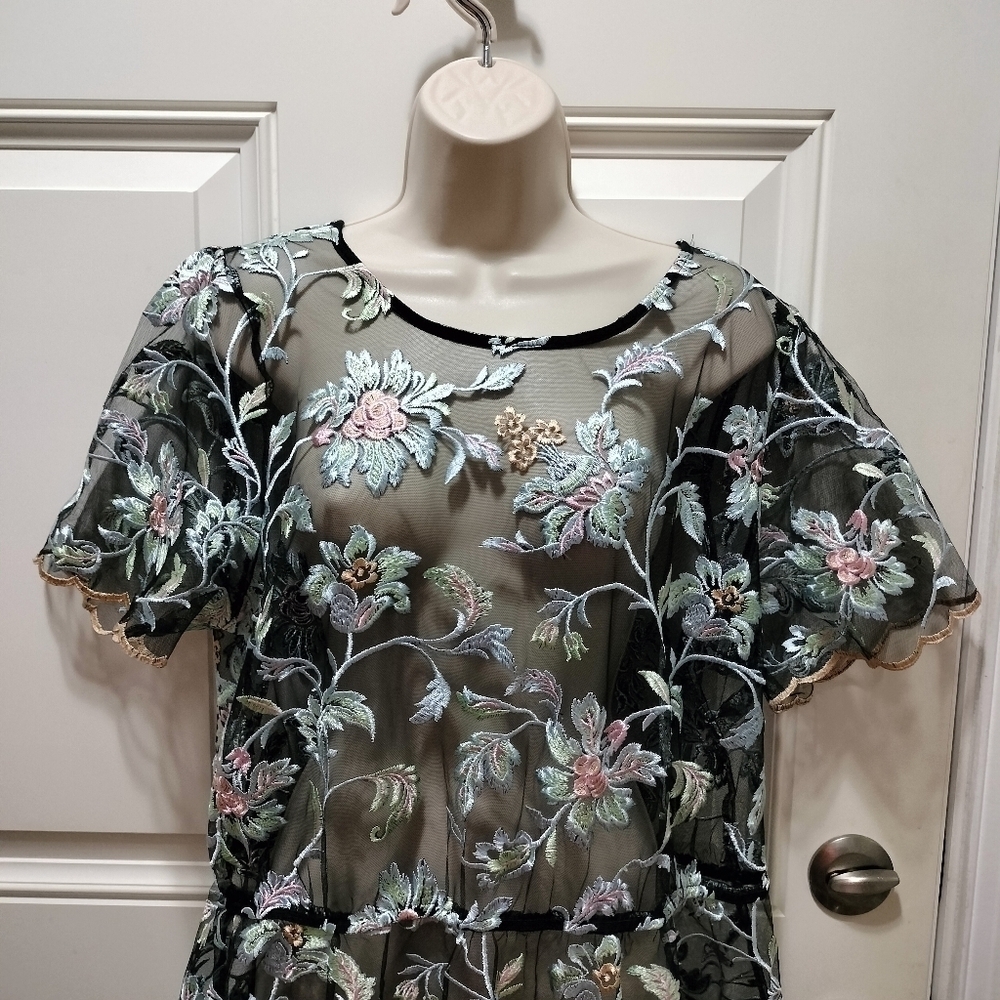 LuLaRoe Deanne II Sheer Embroidered Floral Maxi Dress Black Pink Blue 2XL Plus - Picture 4 of 10